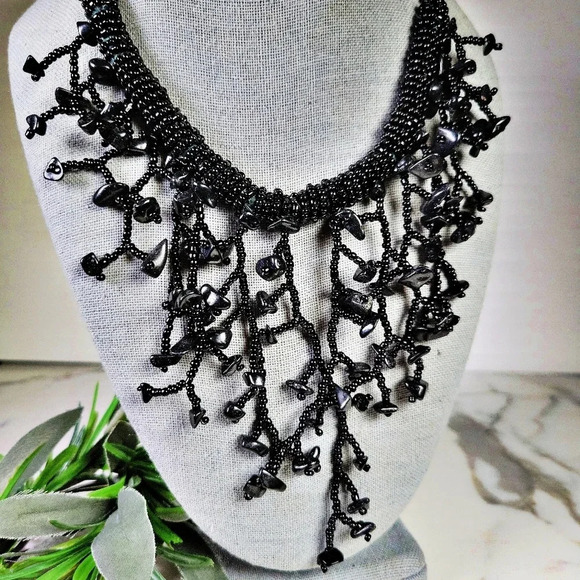 Black Glass Fringe Necklace Choker Goth Grandma Spooky Coral Dark Fairy … - Picture 10 of 10